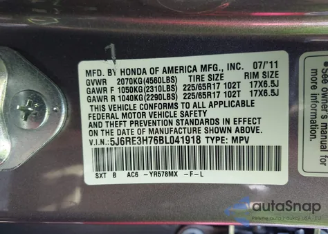 2011 Honda Cr-V Ex-L from USA, damaged, VIN 5J6RE3H76BL041918